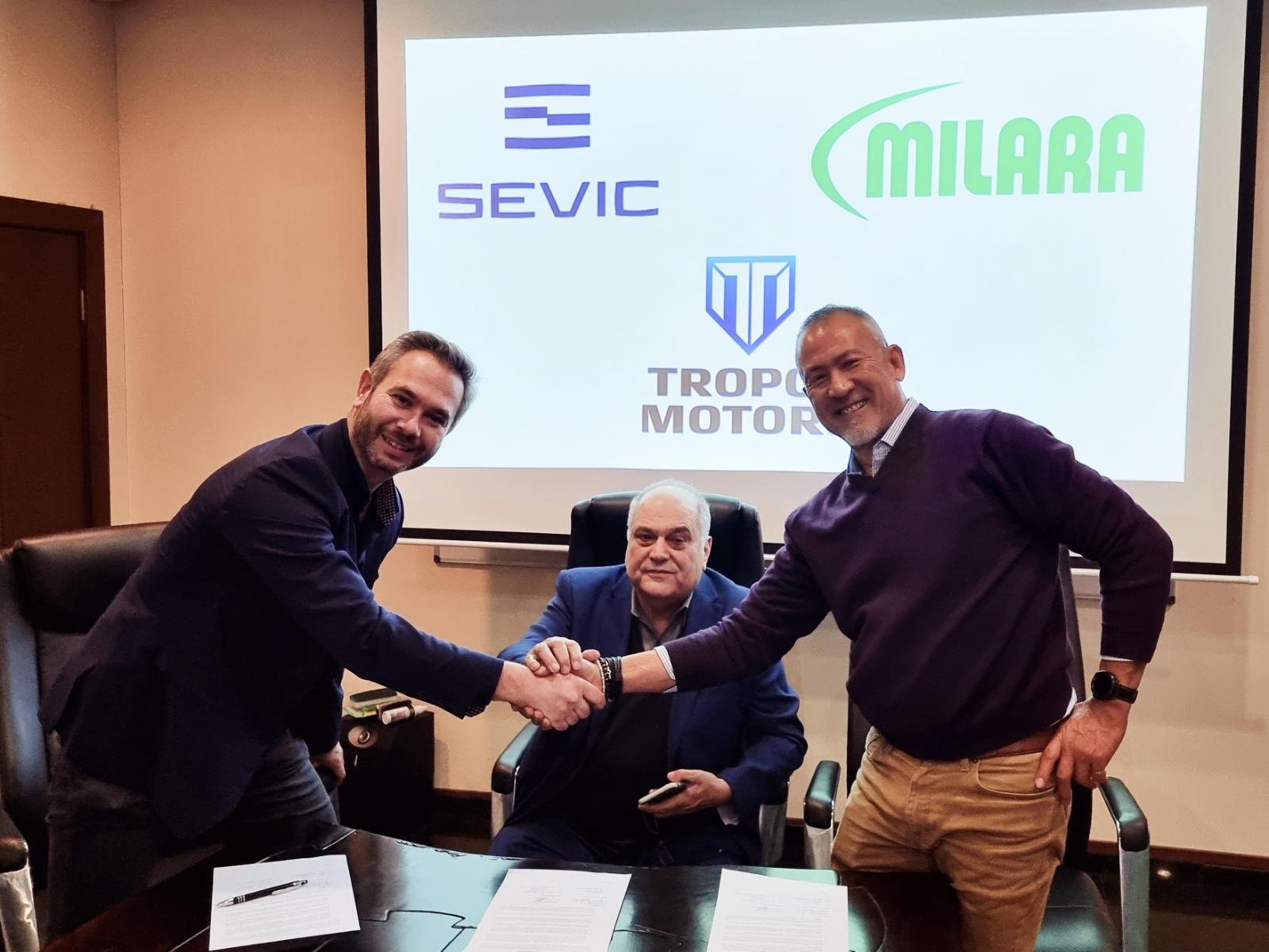 Sevic GM Alexander Brilis, Milara CEO Krassimir Petkov, and Tropos CEO John Bautista at the contract signing
